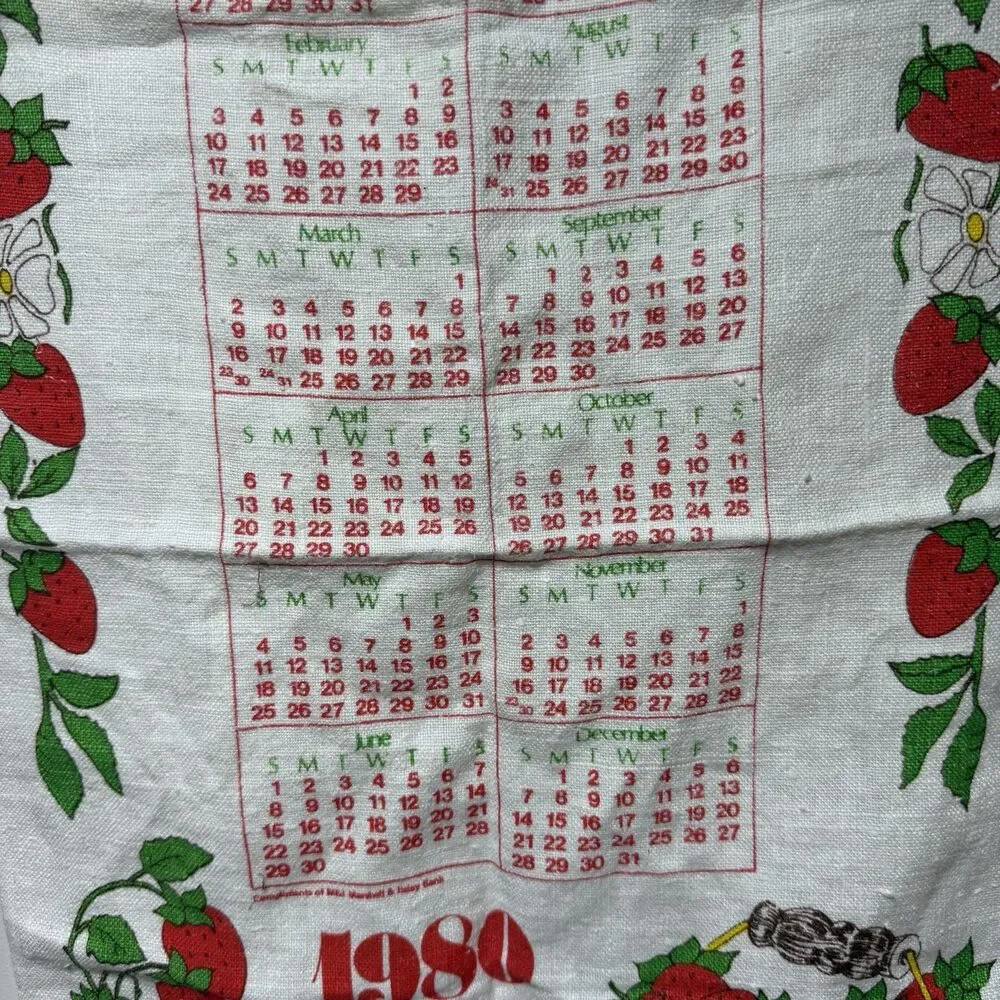 Vintage 1980 Cloth Wall Calendar Strawberry Mushroom Kitchen Cottagecore Granny